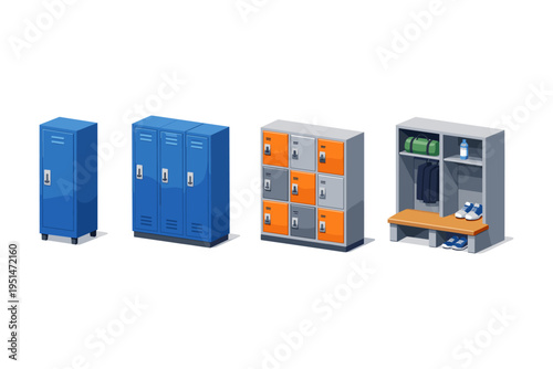 Collection of gym lockers and changing room bench with sports equipment