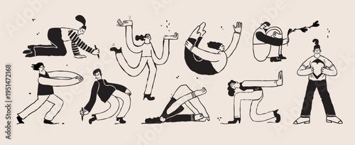 Dynamic People Characters Set In Various Poses Representing Movement Emotions And Activity