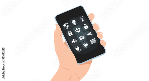 A hand holds a dark gray smartphone displaying a grid of sixteen smart home control icons against a clean white background.