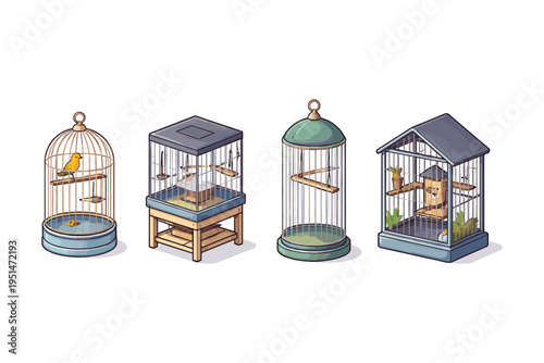 Collection of four diverse bird cages in isometric view, isolated on white