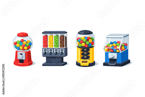 Collection of colorful gumball and candy machines in a row on white background
