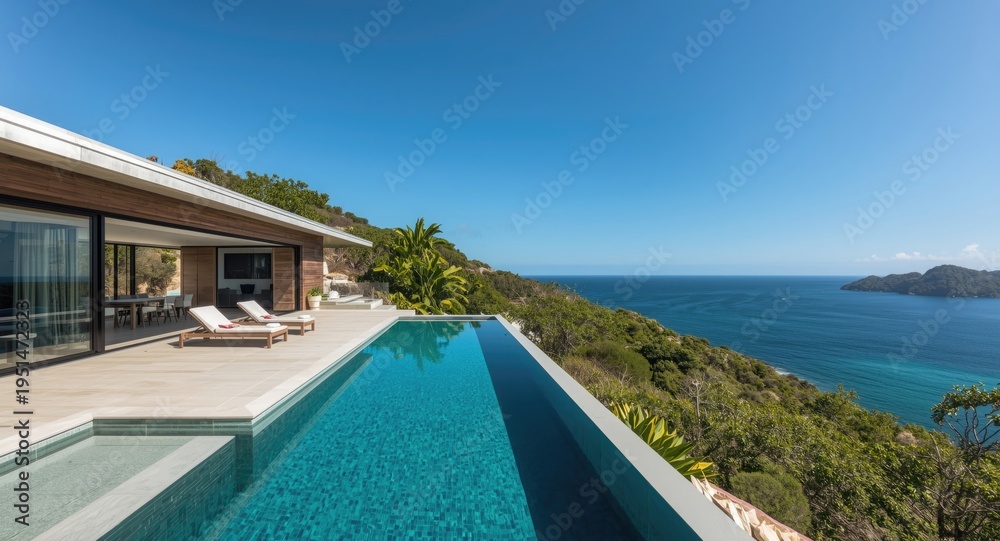 Fototapeta premium Modern island residence featuring sustainable materials and ocean scape