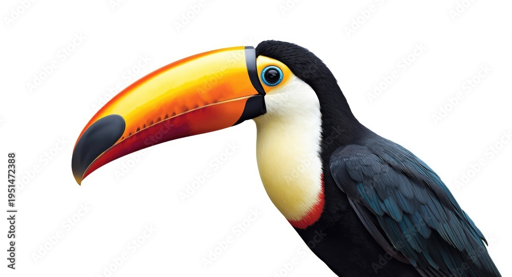 Fototapeta premium Graceful toucan portrait painted with vibrant detail on a stark white field