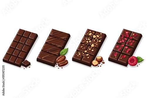 Delicious chocolate bars with various toppings and flavors for dessert lovers