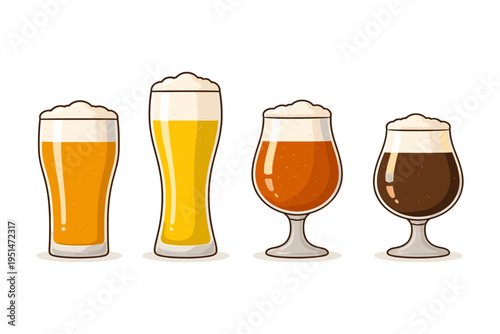 Different styles of beer in various glasses illustrated in a colorful design