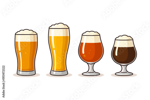 Different types of beer glasses featuring foamy beverages