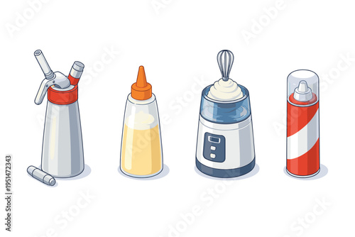 Variety of kitchen tools including whipping siphon and cream dispensers