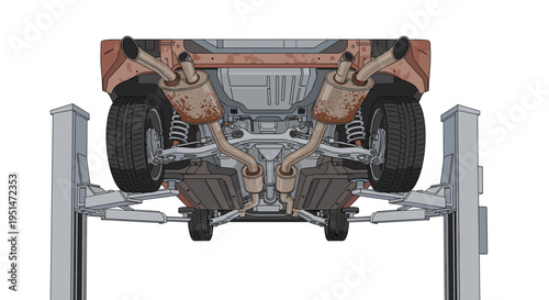 The underside of a car with rusty exhaust pipes and suspension components is elevated on a gray hydraulic lift against a white background.