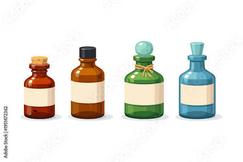 Colorful assortment of potion bottles with cork and labels