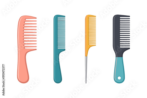 Colorful collection of hair combs on a white background