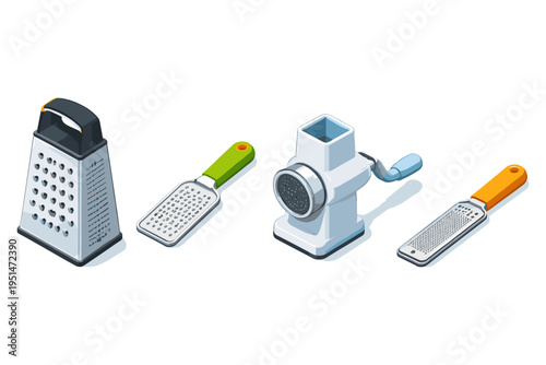 Different kitchen tools for grating and grinding food items