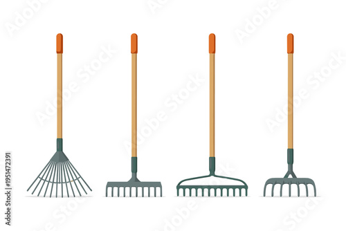 Various types of garden rakes with wooden handles and metal heads