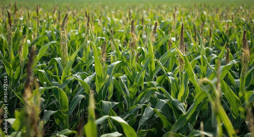 Obraz premium Bright corn crops growing tall in expansive farm field
