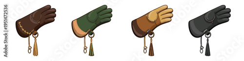 Collection of four stylized falconry gloves in different colors with tassels