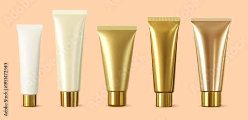 3d skincare cosmetics golden tubes with caps, realistic makeup cream mockup. Luxury skincare cream packaging mock up for branding and presentation. Vector premium beauty product containers in gold