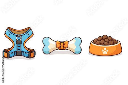 Cute cartoon dog accessories: harness, bone treat, and food bowl