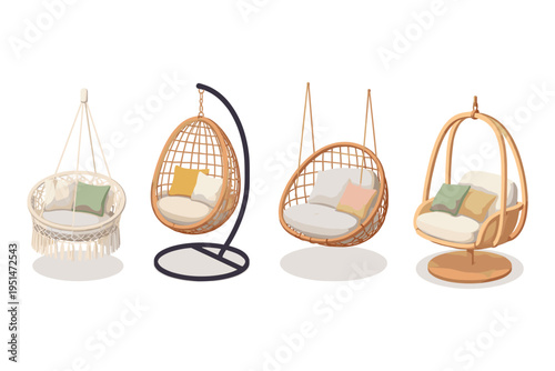 Collection of four hanging egg chairs and basket chairs with cushions
