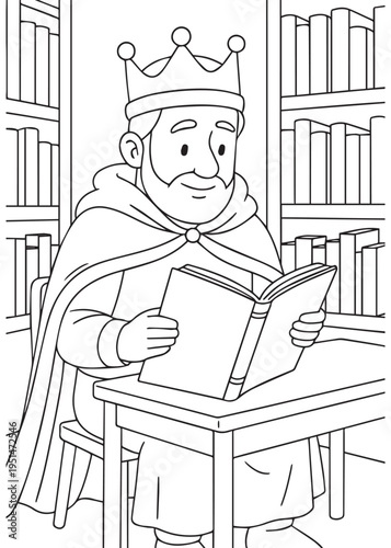 coloring book king reading a large book in the school library among shelves