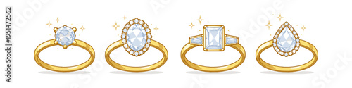 Collection of four sparkling diamond engagement rings with different gemstone cuts on white background
