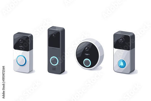 Collection of smart video doorbells with cameras and buttons for home security