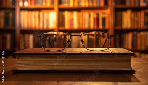 Glasses on a thick book in library.