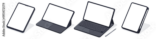 Modern tablet and laptop accessories collection with blank screens and stylus