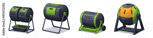 Various designs of modern compost tumblers for efficient composting