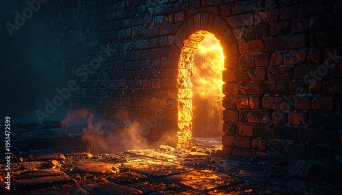 Glowing Archway in Dark Stone Room.