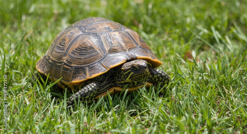 Fototapeta premium Content pet turtle basking on green grass lawn in summer daylight full length view