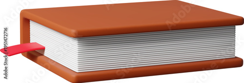 3d closed book with hardcover. Realistic 3d render of hardcover book in rich brown with vivid red bookmark nestled inside. Vector icon for library and university branding, educational app interface