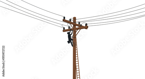 A worker climbs a tall wooden utility pole with a ladder and power lines against a white background.