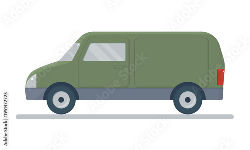 Green delivery van isolated on white background. Military or cargo vehicle side view for transportation and logistics. Color icon, vector illustration, flat style.
