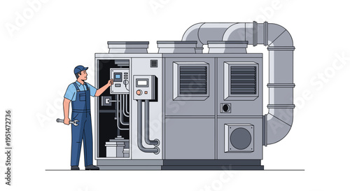 A technician in blue overalls adjusts controls on a large industrial HVAC unit with pipes and vents.