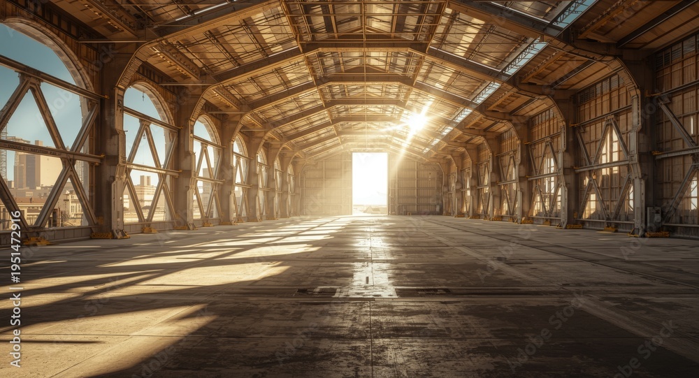 Naklejka premium Futuristic deserted hangar showcasing fractal light and shadow interplay