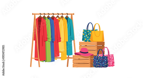 A wooden clothing rack displays colorful coats next to wooden crates holding handbags and a pink hat.