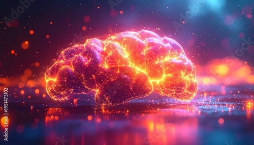 Glowing Brain Illustration with Neon Lights.