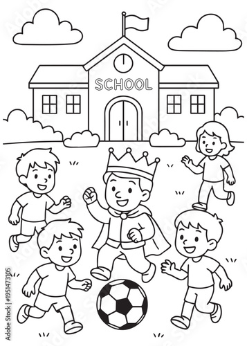 coloring book king playing soccer with children outside the school building
