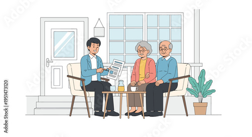 A young man presents documents to an elderly couple seated around a small table indoors.
