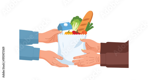 Two pairs of hands are exchanging a white paper grocery bag filled with various food items in this illustration.