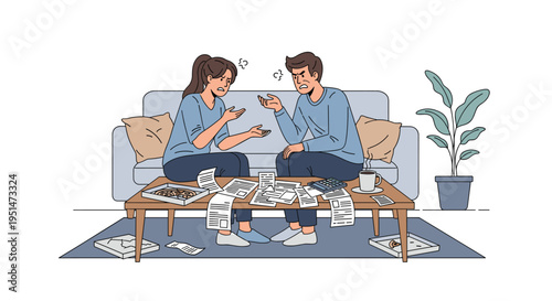 An angry man and woman argue on a blue sofa over scattered documents and a calculator on a coffee table.