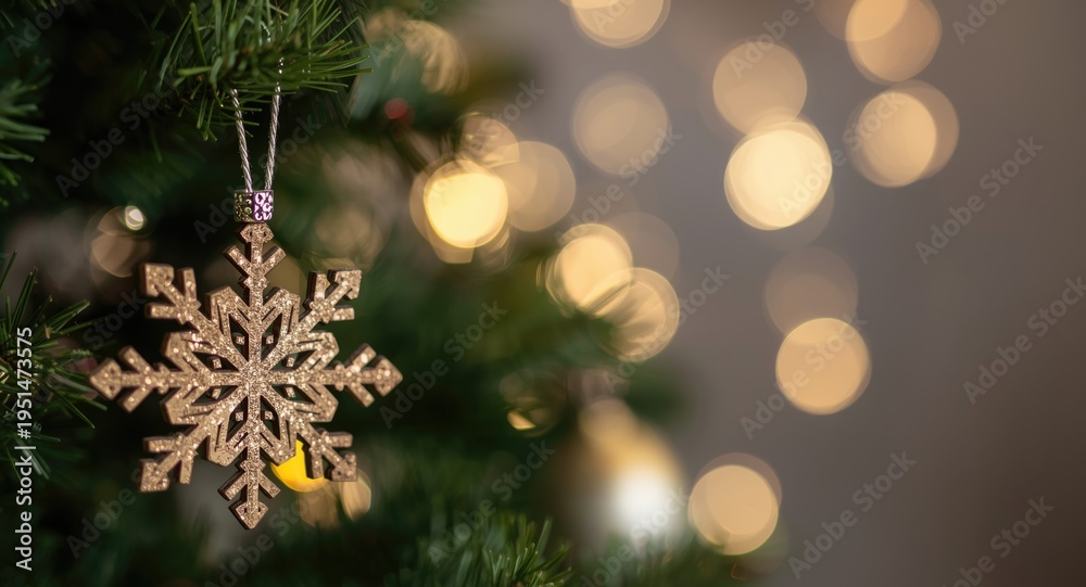 Fototapeta premium Christmas tree wooden snowflake decoration with subtle bokeh light effect background