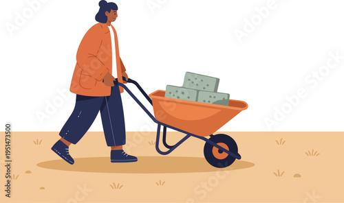 A woman pushes a wheelbarrow filled with bricks, working in a garden.  A modern, earthy illustration.  Ideal for gardening, landscaping, or outdoor projects.