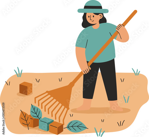 A woman rakes leaves in her yard, enjoying a garden cleanup. A cheerful illustration with a rustic feel. Perfect for lifestyle and nature themes.