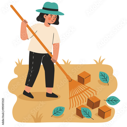 A young woman rakes leaves in her garden with a rake. She wears a hat and casual clothes. A clean, modern illustration style.