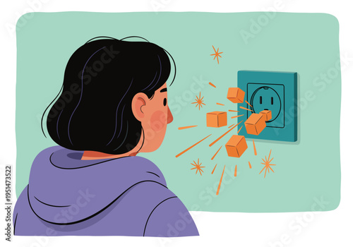 A woman recoils from an overloaded electrical socket, sparks flying. Illustrative safety warning. Bright, dynamic composition.