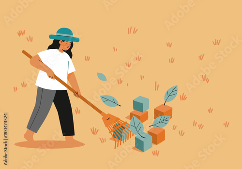 A woman rakes leaves in a garden, enjoying yard cleanup. A cheerful scene with autumn foliage and a rustic aesthetic. Perfect for lifestyle and seasonal imagery.