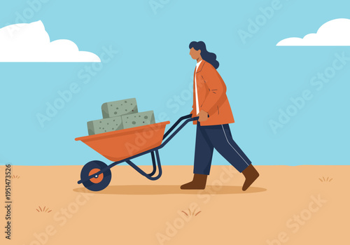 A woman pushes a wheelbarrow filled with bricks, working on garden soil. A clean, modern illustration with a muted color palette.