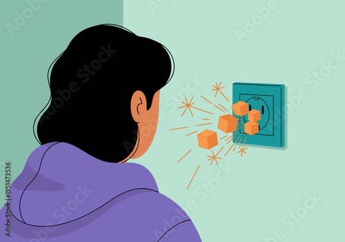 A young woman recoils from an overloaded electrical socket, sparks flying. Illustrative safety warning. Bright colors, dynamic composition, impactful visual.