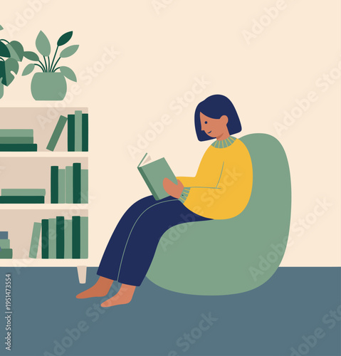 A woman relaxes in a cozy reading corner with a bookshelf and plants. It?s a sustainable office setting, promoting calm and focus. Soft colors and a modern aesthetic.