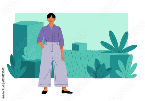 Senior woman confidently poses in sustainable eco-fashion, surrounded by greenery. Modern, stylish, and environmentally conscious. Ideal for lifestyle and fashion campaigns.